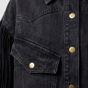 Veste en jean noire personnalisée pour femme, avec broderie à franges, style western, manteau vintage surdimensionné, fabricant OEM ODM - Product Image 6