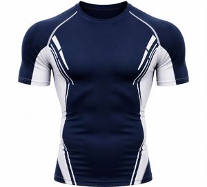 Men's Blue Short Sleeve Compression T-Shirt Quick Dry Slim Fit Sporty O-Neck Knitted Solid 180 Grams Breathable Athletic Wear - Product Image 3
