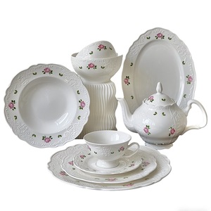 European country style smooth white ceramic dinnerware <b>sets</b> with underglaze pink roses fresh green leaves embossed tiny blossom - Product Image 2