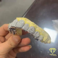 Grillz personnalisés en argent sterling 925 avec moissanite ovale centrale, double halo, entièrement pavé, style hip-hop, pour dents supérieures et inférieures