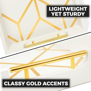 White Decorative Serving Tray with Gold Geometric Pattern Gold Metal Handles for Coffee <b>Table</b> Ottoman <b>Vanity</b> Home Decor - Product Image 6