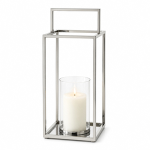 Modern Minimalist Polished Nickel Metal and Glass <b>Hurricane</b> <b>Lantern</b> Handcrafted Square Geometric Pillar Candle Holder For Home - Product Image 1