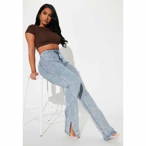 Custom Bleach Washed <b>Light</b> <b>Blue</b> Frayed Distressed <b>Jeans</b> <b>Women</b> Baggy <b>Jeans</b> Straight Leg Pants Casual Style Spring Wear - Product Image 3