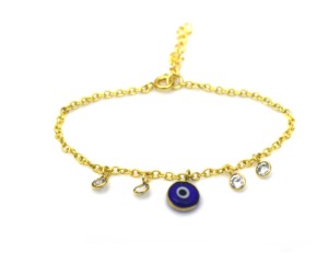 18K <b>Gold</b> Plated Oval Beach Charm <b>Beaded</b> Signet <b>Bracelet</b> with Evil Eye IGI Certified for Women - Product Image 1