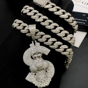 Collar con Colgante de Símbolo de Dólar Estilo Hip Hop, Chapado en Rodio sobre Plata 925, Micro Pavé de Moissanita, Cadena Cubana, Unisex, Certificado - Product Image 1