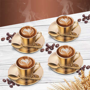 4 PCS Double Wall Stainless Steel Drink <b>Cup</b> <b>and</b> <b>Saucer</b> <b>Set</b> Gold PVD Coating & Laser Rise Design - Product Image 5