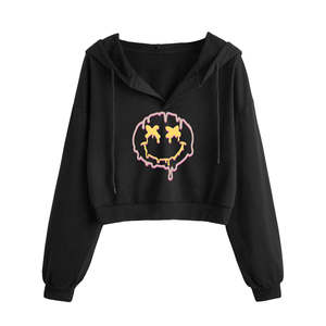 Sweat à capuche court noir pour homme, style Y2K, avec logo motif sourire de dessin animé, coupe droite, manches classiques, vêtement d'hiver, service OEM, 100% écologique - Product Image 1