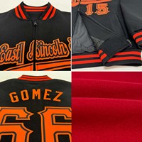 Jaket Varsity Merah Pria Custom dengan Logo Bordir Kerah Baseball Lengan Panjang Resleting Depan Saku Regular Fit