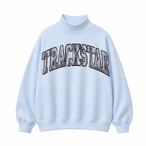 Sweat-shirt à col montant Trackstar bleu clair avec lettrage universitaire gris bleu moucheté, insert pâle et contour foncé, manches longues - Product Image 1