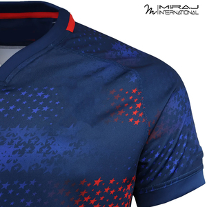 Camiseta de Rugby con Cuello en V, Secado Rápido, Precio de Fábrica, Ropa Deportiva Ligera, Diseño de Sublimación con Estrellas Rojas y Azules - Product Image 4
