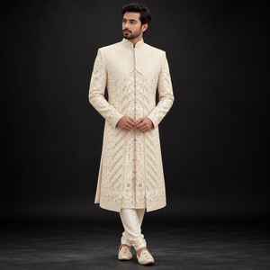 Traje de boda Sherwani de 2 capas para hombre, color blanco, con bordado elaborado, completo con dupatta y pantalón a juego. - Product Image 1