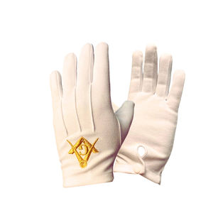 Gants maçonniques en coton blanc avec broderie dorée du carré et de la compas, longueur poignet, pour usage professionnel - Product Image 1