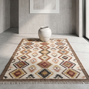 Alfombra Moderna de Yute Hecha a Mano con Diseño Geométrico, Color Crema Marrón Multicolor, Patrón Tribal, Borde Decorativo con Flecos, Antideslizante - Product Image 2
