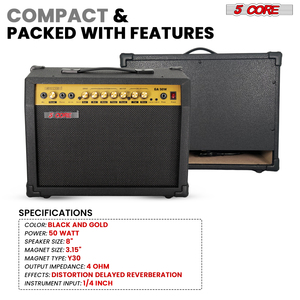 Amplificador de Guitarra de 5 Núcleos y 50 Vatios con Altavoz Integrado de 8 Pulgadas, Mini Amplificador Portátil con Entrada Auxiliar, Controles de Efectos, para Práctica, de Pie - Product Image 2