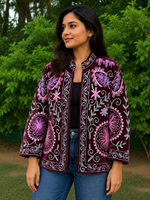 Veste d'hiver en velours tricoté brodé pour femme, faite à la main, motif floral vintage bohème, doublure en coton écologique, collection automne
