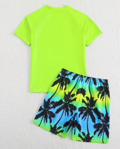 Tropical Palm Print Boys Swim Set Green Short Sleeve Top and Shorts Casual Summer Outfit - Product Image 2