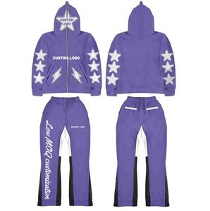 Ensemble de survêtement 2 pièces pour homme avec logo personnalisé, impression en relief, vêtements streetwear, pantalon évasé, sweat à capuche zippé intégral - Product Image 1