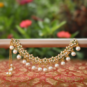 Champaswaralu Antique Gold Plated Fine Jewelry Set with Zircon and Pearl Earrings Oxidized Polish Finish Made in India - Product Image 3