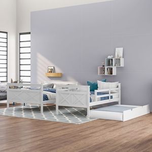 Letto a castello bianco singolo su matrimoniale con scaletta e letto estraibile singolo per bambini con sponda di sicurezza - Product Image 3