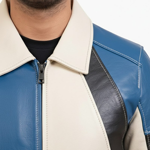 Veste en cuir véritable pour homme, style color block, veste d'hiver pour homme, col montant personnalisé de haute qualité, respirante et coupe-vent - Product Image 3