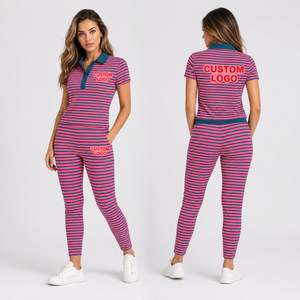 Ensemble de yoga rayé 2 pièces pour femmes, personnalisé, vente en gros, avec t-shirt court boutonné et legging capri - Collection 2026 - Product Image 4