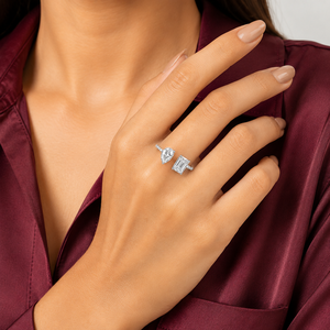 Bague ajustable en argent sterling 925 avec halo de moissanite, style Toi et Moi, et diamants taille poire et émeraude, type cocktail - Product Image 5