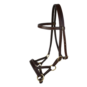 Bridon en cuir marron avec ferrures en laiton et surpiqûres blanches - Product Image 4