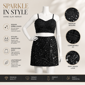 Women's Black Sequin Co Ord Set Sleeveless Crop <b>Top</b> and Mini Skirt | Party Wear <b>Sparkly</b> Evening Club Cocktail Birthday Fashion - Product Image 5