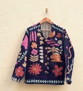 Anayra Craft Luxury Navy Velvet Suzani <b>Jacket</b> Floral <b>Embroidered</b> Boho Full Sleeve V-Neck Handmade Breathable <b>Women</b> Winter Coat - Product Image 4