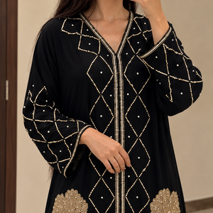 Black Embroidered <b>Abaya</b> Dress Long Sleeve Beaded Muslim Dress Floor Length <b>Wedding</b> Party Wear - Product Image 4