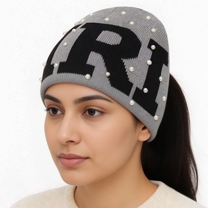Luxury Knitted Pearl Embellished Beanie Hat Custom Logo Acrylic <b>Winter</b> Unisex Fashion Rhinestone Casual <b>Cap</b> OEM ODM - Product Image 3