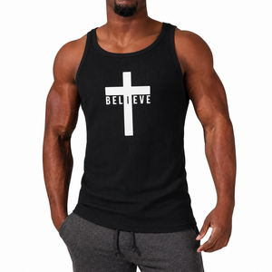 Camiseta sin mangas acanalada personalizada para hombre, chaleco de gimnasio de algodón elástico, camiseta deportiva para fitness, OEM ODM, camiseta interior atlética informal - Product Image 1