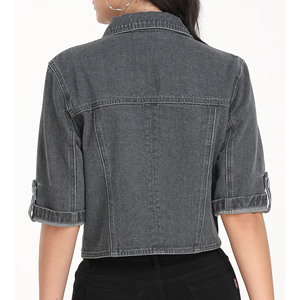 Easy to Wear Turn Down Collar Long Sleeves with button cuffs <b>single</b> button regular size cropped denim jacket women's - Product Image 2