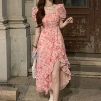 Robe midi en mousseline de soie à fleurs douces avec manches bouffantes, col carré, coupe évasée, robe d'été décontractée