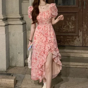 Sweet Floral Chiffon Midi <b>Dress</b> With Puff Sleeves Square Neckline A-Line Casual Summer <b>Dress</b> - Product Image 1