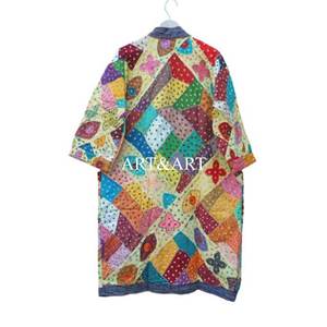 Indian Handmade Kantha Cutwork Elegant Pure Cotton Quilted Winter/Spring Multicolor Patchwork <b>Kimono</b> <b>Robe</b> Women's Wear Gift - Product Image 5