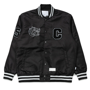 Demand The Impossible Embroidered Varsity Jacket Men's Black Letterman Jacket with Zipper Closure and Striped Trim - Product Image 5