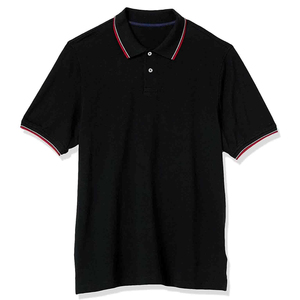 Polo de Manga Corta para Hombre, Color Negro, Tejido Piqué, Transpirable, Diseño Casual con Ribete Rojo y Blanco en el Cuello y los Puños - Product Image 1