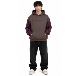 No Destination Embroidered Color <b>Block</b> Hoodie Men's Oversized Fleece Casual Autumn Sweatshirt - Product Image 3