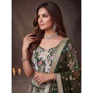 Adorning Green <b>Sequins</b> Net Reception Wear Lehenga Choli with Dupatta - Product Image 3