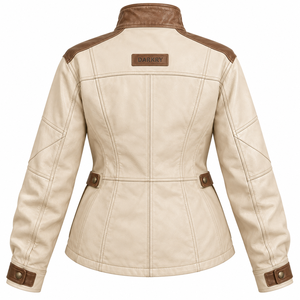 Two Tone Contrast Leather Field Safari <b>Jacket</b> <b>Womens</b> Cream Brown Real Sheepskin Stand Neck Four <b>Cargo</b> Flap Pocket Utility Coat - Product Image 2