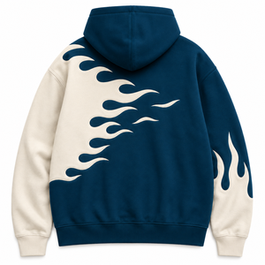 เสื้อฮู้ดดี้โอเวอร์ไซส์สีน้ำเงินกรมท่าและครีมประดับลายเปลวไฟแบบสั่งทำพิเศษ - Product Image 2