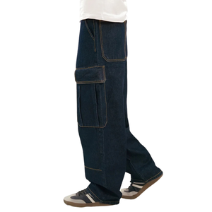Pantalones Cargo de Mezclilla para Hombre, Color Azul Oscuro Lavado, Transpirables, con Bolsillos Utilitarios, Corte Ancho, Cierre de Botones - Product Image 5