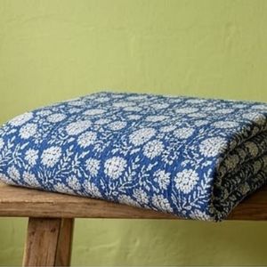 Indian Hand Block Printed Cotton Sanganer Kantha Queen Size <b>Throw</b> <b>Large</b> Width Handmade Quilt Elegant Bedroom Home Textile - Product Image 6