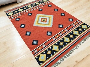 Tapis rectangulaire en laine acrylique à motifs géométriques, tissage plat moderne avec franges, tapis de salon fait main, lavable - Product Image 2