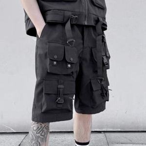 Men's Black Cargo Shorts Elastic Waist Canvas Workwear Style Quick Dry Bermuda Length Solid Color Pockets Decoration - Product Image 2