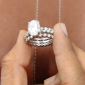 Oval Moissanite Engagement Ring 925 Sterling Silver Set Bubble Prong Diamonds Band Double Hidden Halo Bridal Ring Set - Product Image 1