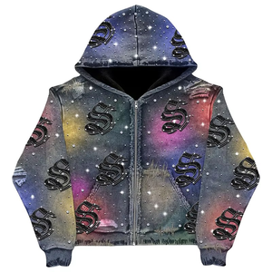 Dirty Saints Hooded Zipper <b>Jacket</b> Men Oversized Streetwear Printed Polyester Knitted Sweatshirt with Pockets and <b>Rhinestone</b> Deta - Product Image 3