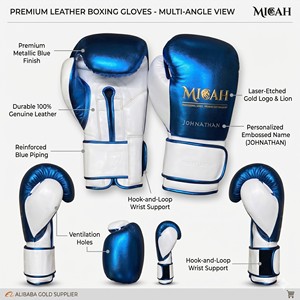 Guantes de Boxeo Profesionales MICAH, Transpirables, de Cuero con Cierre de Gancho y Bucle, Nombre Personalizado Jonathan, Azul Blanco, Equipo de Entrenamiento para Adultos - Product Image 2