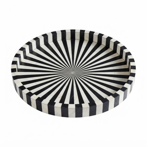 Plateau de service rectangulaire décoratif en bois gris avec incrustation d'os, fait main, motif chevron géométrique, pour table basse, ottoman, salon - Product Image 2